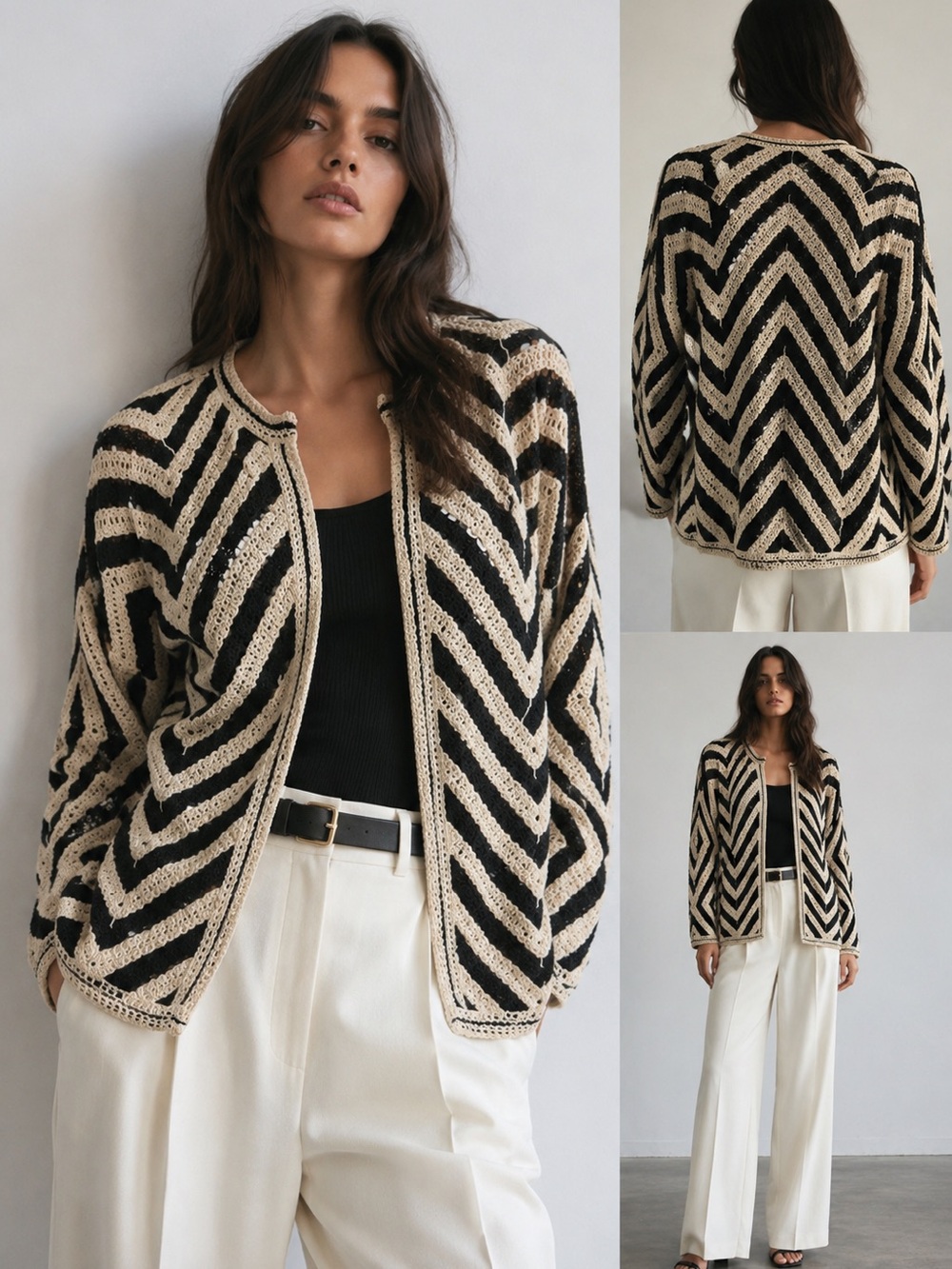 ZARA Black & Ivory Geometric Crochet Knit Open Cardigan Sweater M NWT-Like